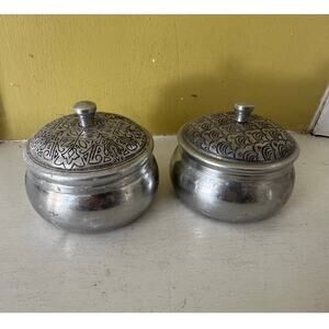 Two EMPTY Anthropologie Capri Blue Silver Metal Tin Boho Candle Holders Jars